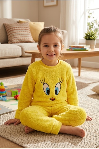 Beniizle Nakışlı Unisex Çocuk Peluş Alt Üst Takım Sarı
