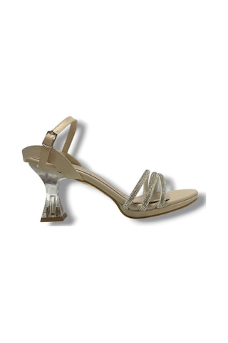 Erbay 84-25 Deri Taşlı Şeffaf Topuk Anatomik Kadın Sandalet Krem