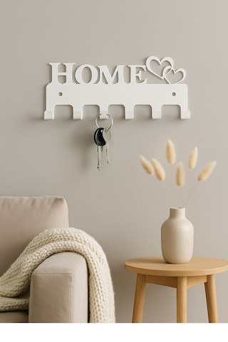 Lunoart Home Yazılı Kalpli Metal Anahtarlık Askısı Duvar Tipi Anahtar Organizer Beyaz