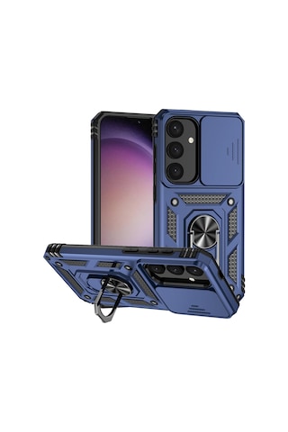 Samsung Galaxy S25 Plus Uyumlu Kamera Sürgülü Tank Kılıf Ve Temperli Cam Ekran Koruyucu Set Lacivert