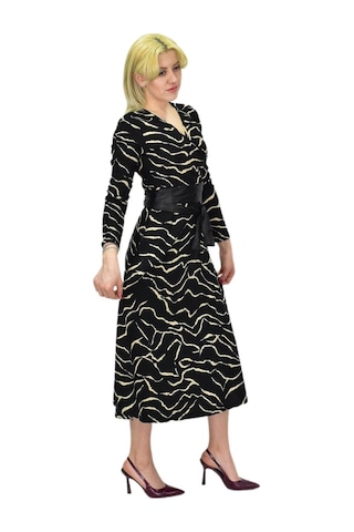 Kadın Krep Zebra Desenli V Yaka Elbise Bgl-st03537 001