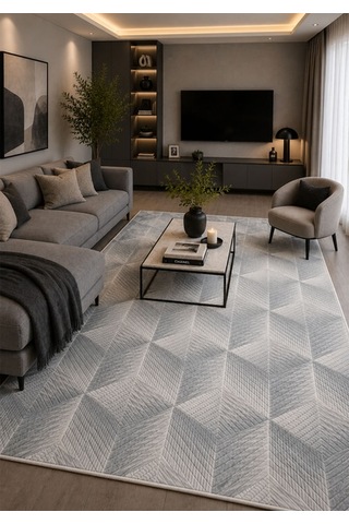 Kaymaz Taban Yıkanabilir Yumuşak Dokulu Modern Geometrik Gri Salon Halısı
