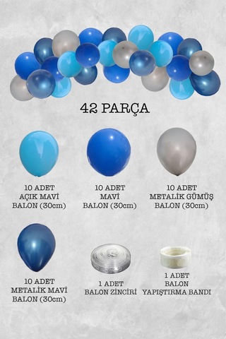 Metalik Mavi Gümüş Balon Zinciri 42 Parça A