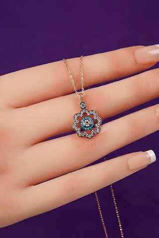 925 Ayar Gümüş Firuze Ve Zirkon Taşlı Rose Çiçek Motifli Bayan Kolye - 50 CM