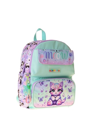 Kaukko Kids Kız Çocuk Mor Kedi Desenli Okul Çantası - Yeşil - Mor - Meow - L5288 Çok Renkli