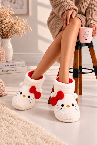 Moon Cloud Moo Kadın Peluş Pudra Hello Figürlü Ev Botu Kışlık Sıcak Tutan Yumuşak Tabanlı Sevimli Terlik Ev Panduf Ev Beyaz - Kırmızı