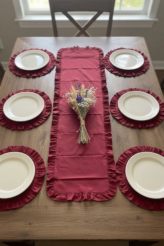 Yunusoğlu Home Fırfırlı Runner Ve Supla Takımı - Masa Örtüsü Takımı 7 Parça 150x50 Cm Bordo
