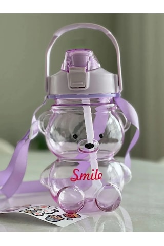 Smile Ayıcıklı Renkli 1000 Ml Matara Su Şişesi Suluk Tritan Bpa Içermez Sticker Hediyeli Biri Büyük Biri Küçük 2adet Çok Renkli
