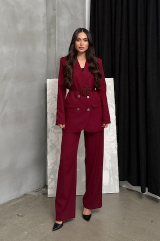Msm Fashion Kadın İkili Blazer Ceket Pantolon Takım Aksesuar Ve Düğme Detaylı Bol Paça Bordo