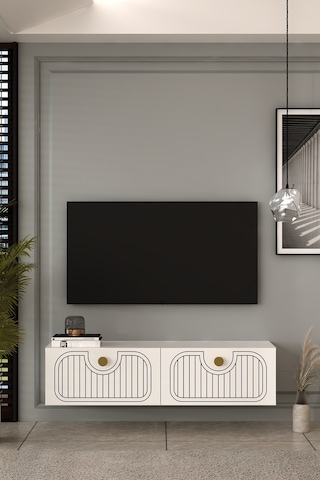 120dhdtda3ba Hera Lazer Desenli Duvara Monte Tv Sehpası Beyaz-altın