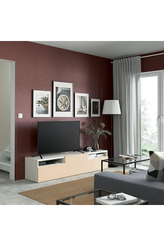Tv Sehpası, Beyaz-huş Kaplama, 180x42x39 Cm, Bjorkovıken, Fren Raylı Beyaz