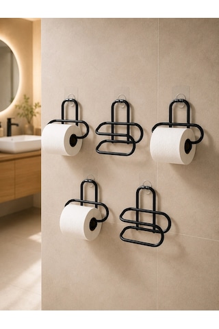 Mey İthalat Siyah Metal Tuvalet Kağıdı Tutucu 5 Li Set Yapışkanlı Duvar Tipi Banyo Wc Askısı Çok Renkli