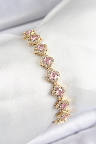 Pirinç Zirkon Taşlı Pembe Yonca Baget Model Gold Renk Vıp Seri Kadın Bileklik Antik Gümüş