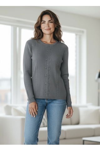 Kadın Önü Taşlı Kendinden Desenli Sıfır Yaka Bluz Gri