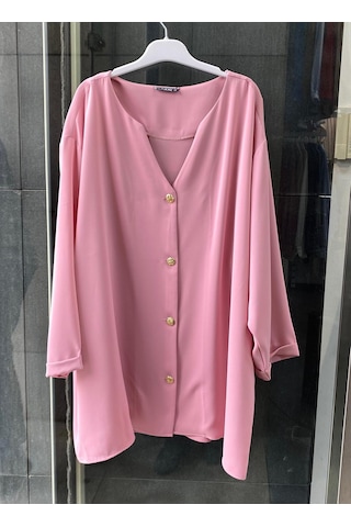Pera Moda Büyük Beden Gold Düğmeli V Yaka Şık Kadın Gömleği Pembe