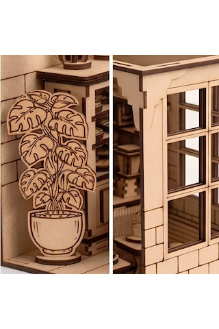 Algwooddesign Coffee Shop Ahşap Maket, 214 Parça Dıy Minyatür Kafe Modeli, Led Işıklı Mdf 3d Puzzle, Hobi Ve Dekorasyon Seti, 19x19x19 Cm