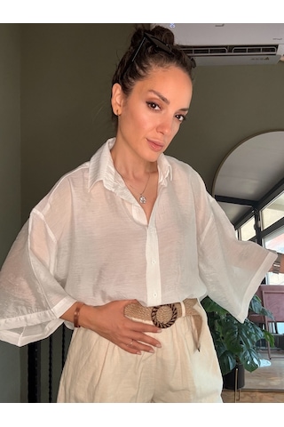 Ali Butik Beyaz Kısa Kollu Rahat Kalıp Dökümlü Gömlek