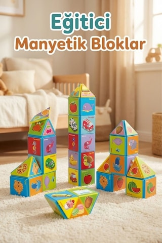 Eğitici Manyetik Bloklar 18 Parça - Mıknatıslı Zeka Küpleri - Montessori Bebek Yapboz Puzzle Seti