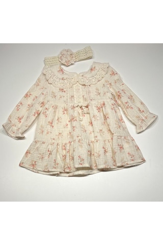 Bebe Yaka Çiçekli Müslin Kız Çocuk Elbise Açık Bej