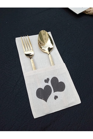 6 Adet Kalp Baskılı Keten Kaşıklık Servis Sunum Beyaz