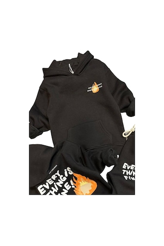 Riccotarz Erkek Çocuk Alev Ve Yazı Baskılı Çift Tarafbaskı Sweatshirt Penye Siyah Eşofman Takım