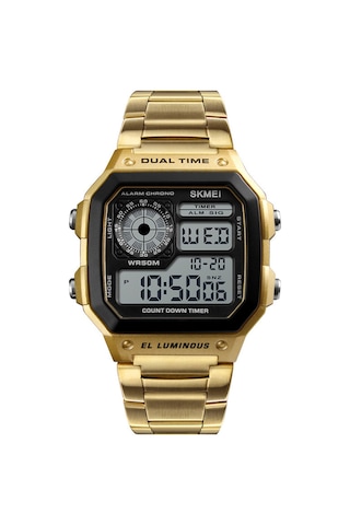 Yunboo Erkekler İçin Dijital Saat - Güneş Işığı, Stopwatch, Alarm, Hafta/gün Gösterimi - Paslanmaz Çelik Kordon - Altın Renk Çok Renkli