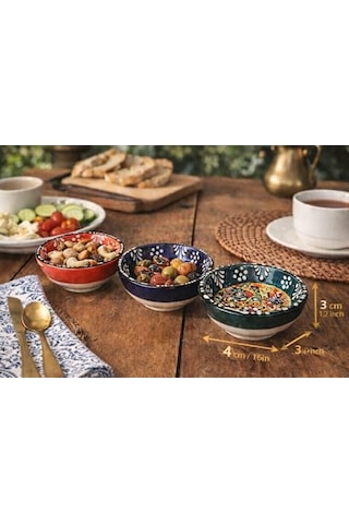 Kabartma Desenli El Boyaması Seramik Kase Seti, 3 Lü Renkli Çini Motifli Dekoratif Sunum Kaseleri, Kahvaltı, Meze, Çerez Ve Servis İçin Çok Amaçlı El Yapımı Kase Takımı 0