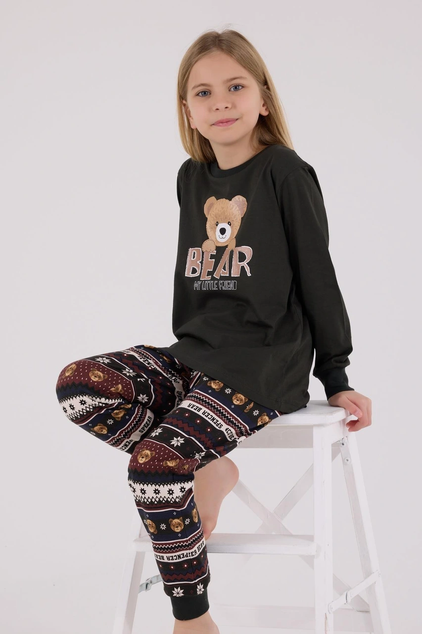 Arnetta Kız Çocuk Garson Aile Bear My Little Friend %100 Pamuklu 4 Mevsim Uzun Kollu Pijama Takım Füme