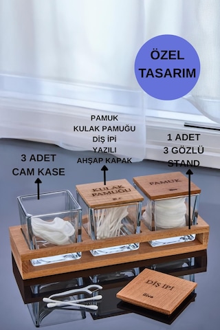 3'lü Standlı Kulak Pamuğu Pamuk Ve Diş İpi Kavanozu Cam Pamukluk, Dekoratif Banyo Düzenleyici Şeffaf