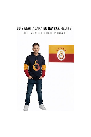 Galatasaray Lisanslı Logo Siyah Yetişkin Kapüşonlu Bayrak Sweat Kırmızı - Siyah