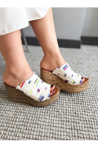 Asmi Shoes Kadın Limo Beyaz Kot Dolgulu Mantar Taban Terlik 10 Cm Beyaz