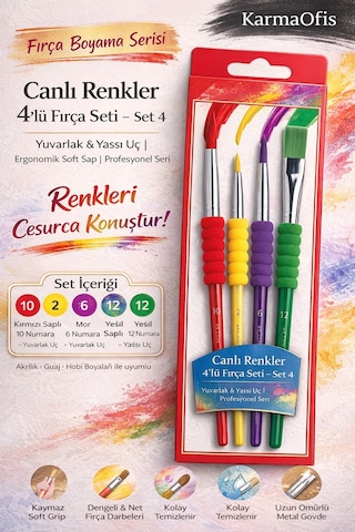 Canlı Renkler 4 Lü Fırça Seti Set 4 10-2-6-12 Numara Akrilik Guaj Hobi Boya Fırçası