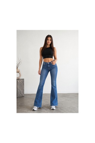 Bluemarlin Mavi İşlemli Ön İşlemli Likralı Tam Kalıp Denim İspanyol Paça Jeans Pantolon Mavi İşlemli