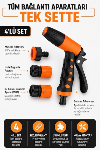 4lü Set Bahçe Sulama Tabancası Tazyikli Su Tabancası Hortum Aparatlı Ayarlı Sprey Ucu