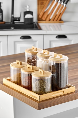 Cooker 6 Parça Standlı Bambu Kapaklı Borosilikat Cam Yuvarlak Baharatlık Şeffaf