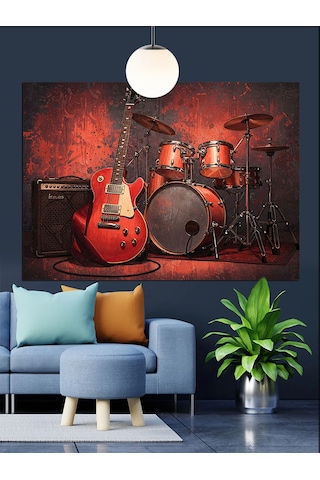 Davul Gitar Müzik Aletleri Dekoratif Kanvas - Mdf Ahşap Tablo