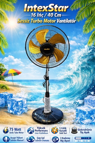 İntexstar 16 İnç 40 Cm Süper Sessiz Bakır Sargılı Turbo Motor İle Yüksek Hava Sürgülasyonu 75watt