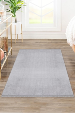 Comfort Oval Overloklu Peluş Halı Gri Gri Düz Saçaklı
