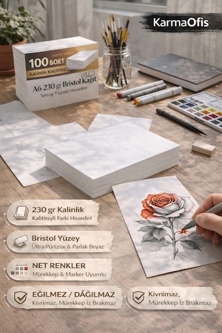 A6 230 Gr Bristol Kağıt 100 Adet Kalın, Pürüzsüz, Marker & Teknik Çizim Uyumlu