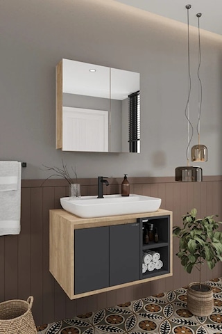 Lale 70 Cm %100 Mdf Lavabolu Banyo Dolabı + Aynalı Dolap Antrasit