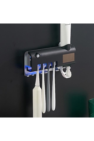 Siyah Mengnı Güneş Enerjisi Uv Diş Fırçası Tutucu Otomatik Diş Macunu Sıkacağı Duvara Monte Diş Macunu Dispenseri Ev Banyo Aksesuarları Siyah