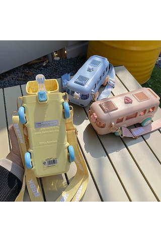 500Ml Sevimli Simülasyon Minibüs Araba Çocuk Saman Su Bardağı Eğlenceli Karikatür Plastik Bardak Taşınabilir Açık Zıplatma Kapak Su Isıtıcısı-Mavi