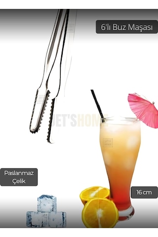 6 Lı Set Buz Maşası Paslanmaz Buz Kaşığı Çelik İnox 16 Cm Gümüş Gri
