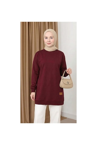 Unika Boutique Kadın Bisiklet Yaka Tesettür Yırtmaçlı Armalı Tunik Sweat Sweatshirt Bordo