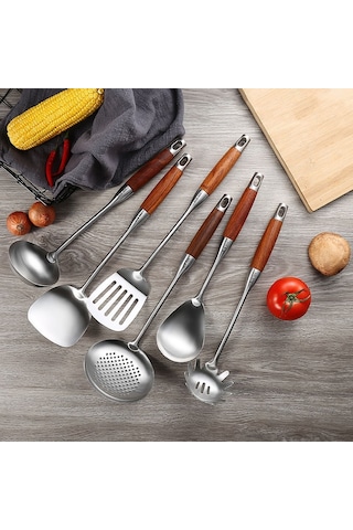 Sones 304 Paslanmaz Çelik Ahşap Saplı Mutfak Gereçleri Mutfak Ekipmanları, Stil: Yuvalı Kürek