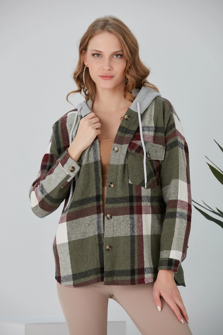 Pikka Online Kadın Çok Renkli Haki Oduncu Oversize Kapüşonlu Ceket Gömlek Haki