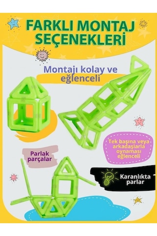 Craftivio Karanlıkta Parlayan Fosforlu - 14 Parça Manyetik Bloklar Mıknatıslı Eğitici Zeka Oyunu Seti