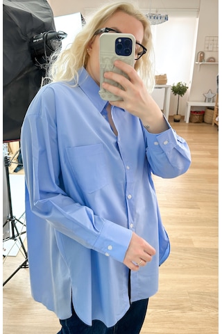 Modaonna Mavi Oversize Kalıp Poplin Gömlek Mavi
