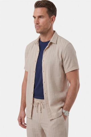 Deep Sea Deepsea Bej Slim Fit Çizgi Dokulu Keten Görünümlü Kısa Kol Erkek Spor Gömlek 2602648
