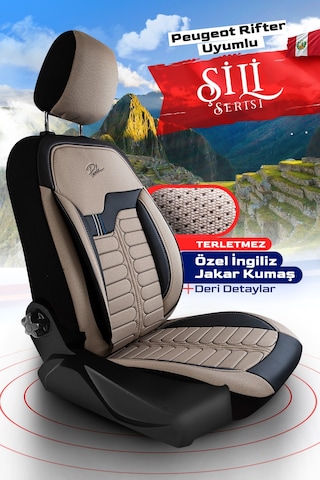 Bej - Siyah Garni Panda Şili Serisi İngiliz Jakar Kumaş Peugeot Rifter Uyumlu Oto Koltuk Kılıfı - Tam Set